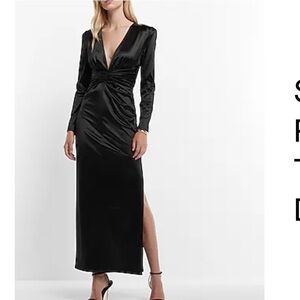 Express Satin Plunge V-Neck Padded Shoulder Twist Front Maxi Dress
